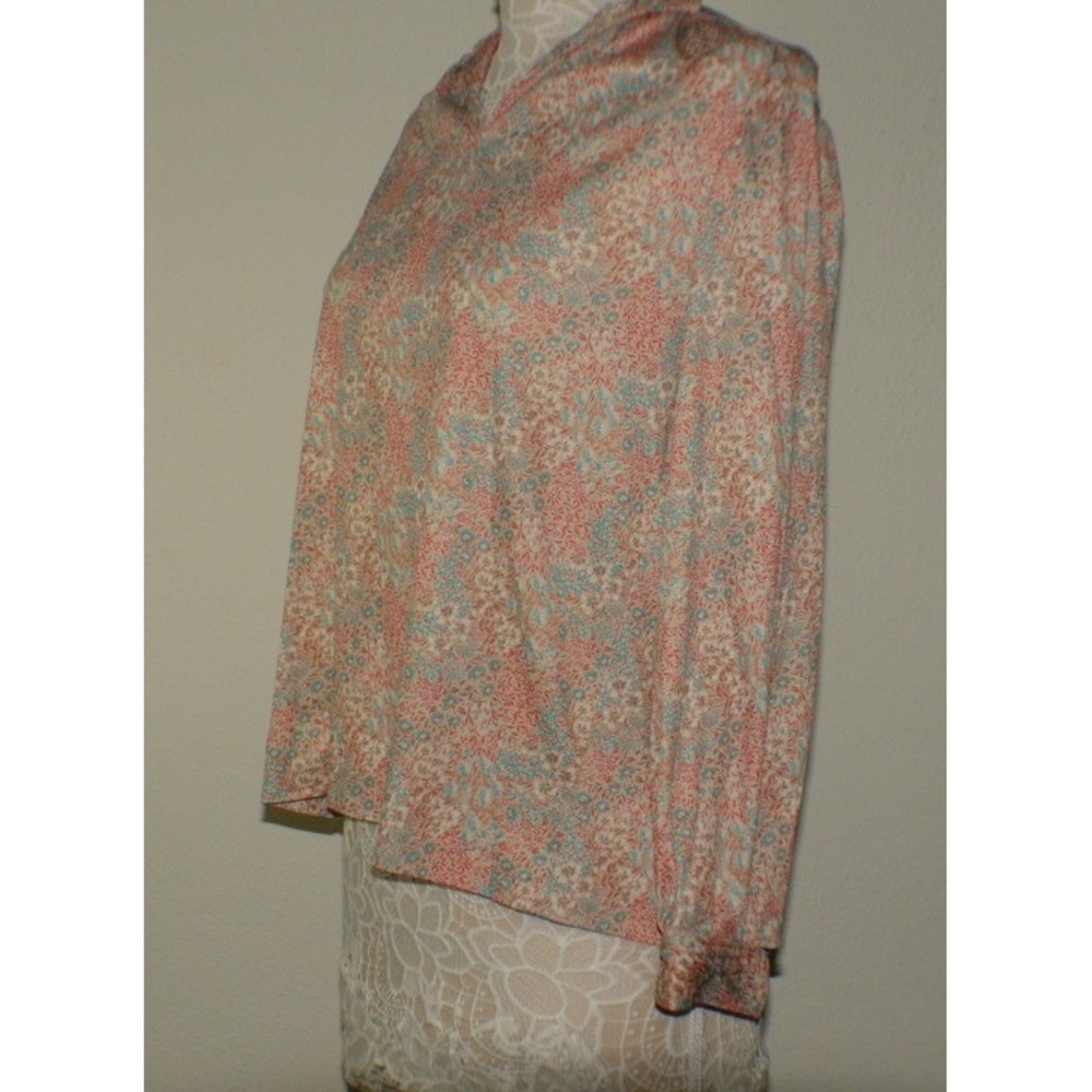Vintage Ditsy Floral Long Sleeve Blouse Split Neck Coral Teal Top - Picture 2 of 5